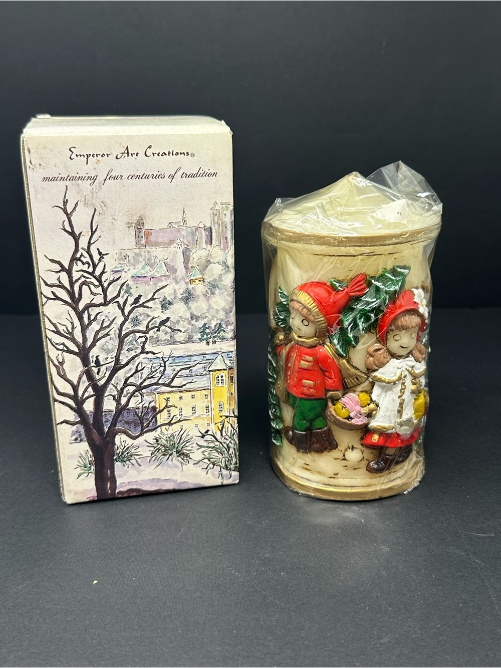 Vintage Emperor Art Creations Carved Candle #50 Little Shoppers NEW in Box!